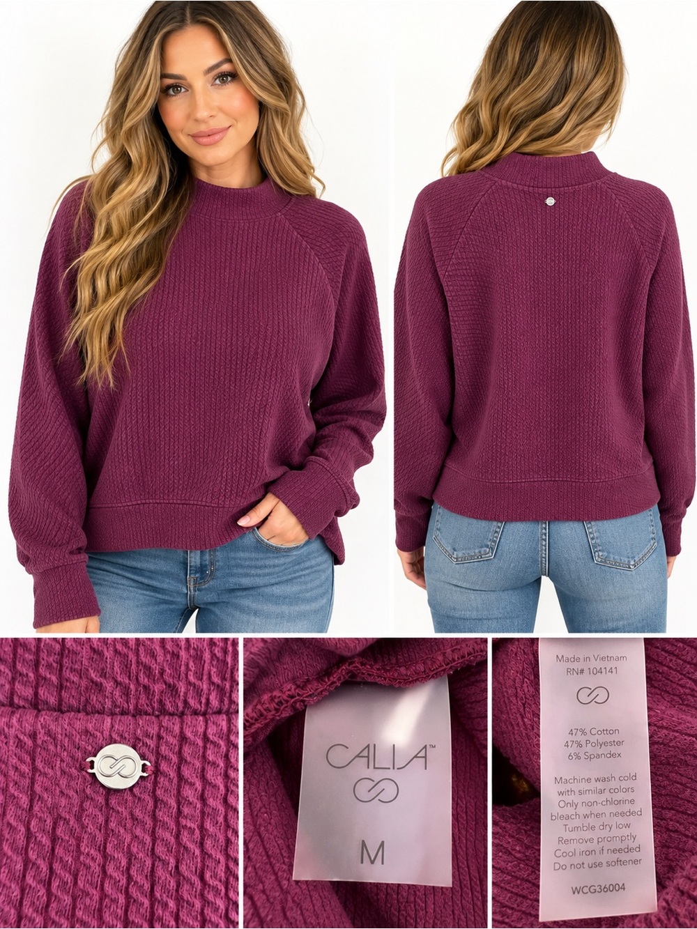 CALIA Women’s Waffle Knit Mock Neck Pullover Sweatshirt Purple Size M